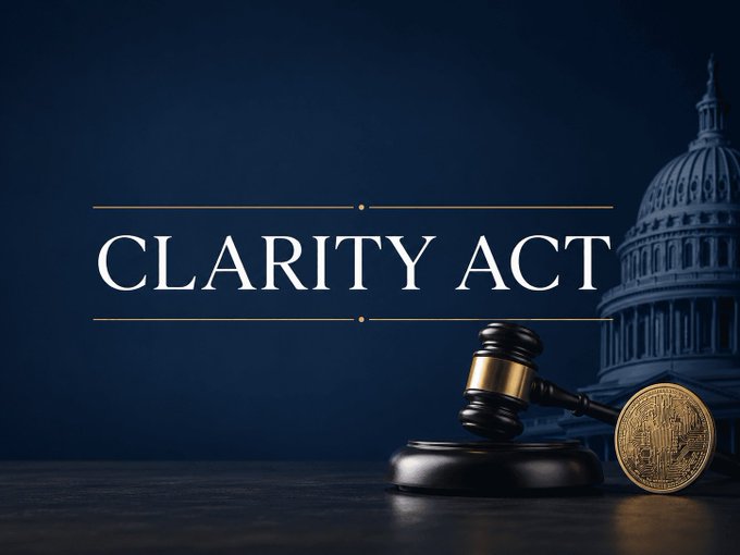 The image displays "CLARITY ACT" in bold white text against a dark blue background, accompanied by a gavel and a gold Bitcoin coin, with the U.S. Capitol dome visible in the background. The caption could be: "The CLARITY Act takes center stage this week as the U.S. Senate faces a critical August 7 deadline to advance crypto market regulation before summer recess."