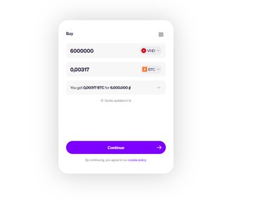 A cryptocurrency purchase confirmation screen showing the exchange of 6,000,000 VND for 0.00317 BTC, with a purple 'Continue' button.
