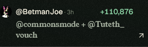 A glitchy digital display shows vouches including "@BermanJoe -/r" with "+110876" in green, along with "@commonsmade +@Furech_" vouch, visually representing the vouching points and usernames referenced in the caption.