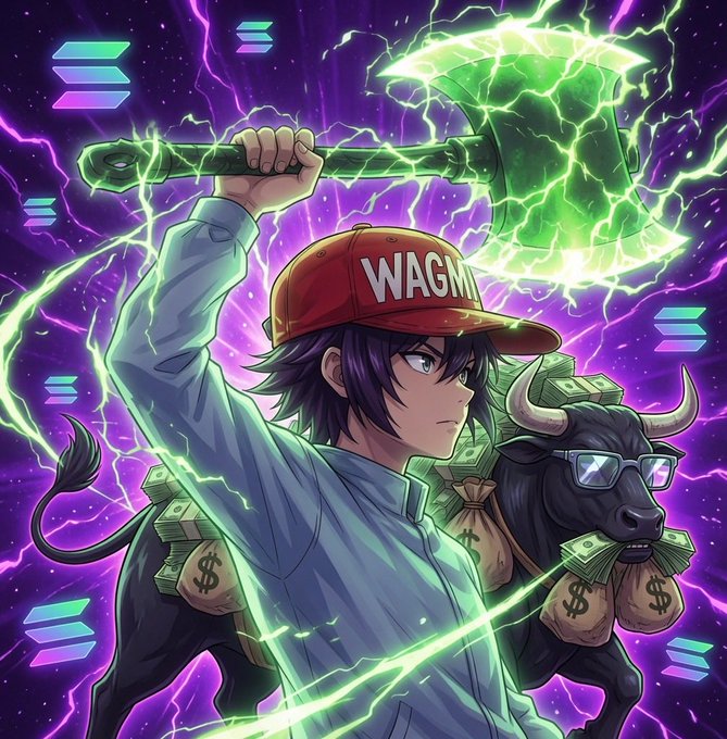 An anime-style illustration of a serious young man in a red 'WAGMI' cap wielding a glowing green axe, standing in front of a black bull wearing sunglasses and money bags against a purple lightning-filled background with Solana (SOL) logos.