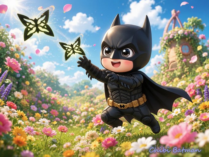 A 3D rendered 'Chibi Batman' character in a colorful flower garden reaching out toward glowing butterflies, with the text 'Chibi Batman' in the bottom right corner.