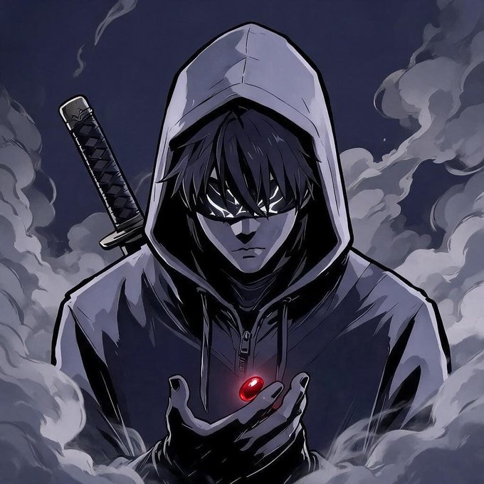 An anime-style illustration of a hooded figure with glowing white eyes, a sword strapped to their back, holding a glowing red gem amid swirling smoke.