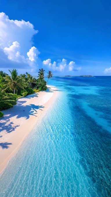 A breathtaking aerial view of a tropical paradise with crystal-clear turquoise waters lapping against a pristine white sand beach lined with swaying palm trees under a bright blue sky. The image evokes a sense of serenity and new beginnings, fitting for the post's uplifting Monday message and celebration of "River" — symbolizing flowing, refreshing, and abundant living waters, much like the endless ocean flowing toward the shore.