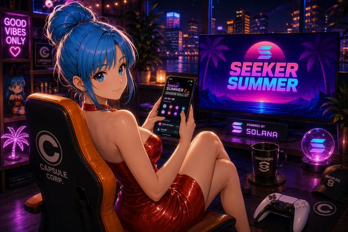 An anime-style character with blue hair sits in a gaming chair holding a smartphone, with a "SEEKER SUMMER" display and "POWERED BY SOLANA" signage behind her, embodying the "Solana Seeker Summer" crypto-themed promotion. A "GOOD VIBES ONLY" neon sign and Capsule Corp merchandise reinforce the playful Web3 aesthetic of the post.