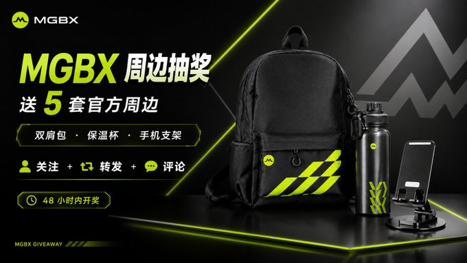 An MGBX promotional giveaway ad in Chinese offering 5 sets of official merchandise (backpack, thermos, phone stand) for following, reposting, and commenting, with winners announced within 48 hours.