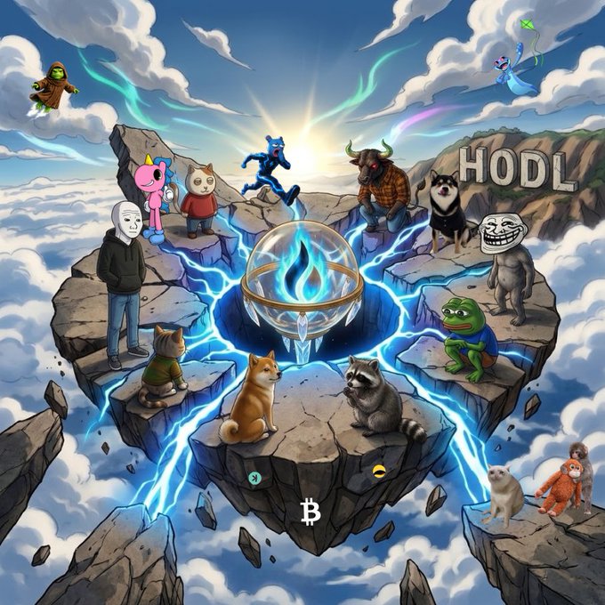 A surreal sky-island scene features various meme characters—including a Shiba dog, Pepe the frog, a trollface figure, and others—gathered around a glowing blue flame in a ring, with "HODL" carved into a rock and Bitcoin (₿) symbols displayed below. The image visualizes the post's "powering up" theme by showing these iconic crypto memes united as energy sources fueling a central flame, playfully asking which character community is "leading the charge" in the crypto space.