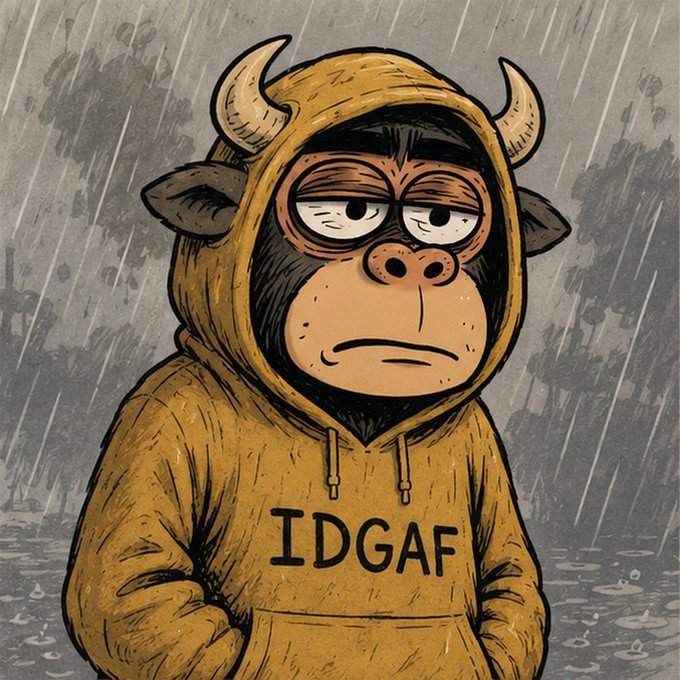 A cartoon illustration shows a grumpy, anthropomorphic bull wearing a yellow hoodie with the text 'IDGAF' while standing in the rain.