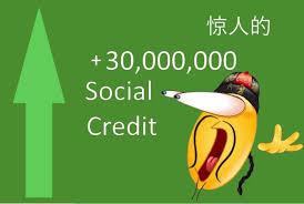 The image features a cartoon character with an exaggerated expression next to bold text reading "+30,000,000 Social Credit" and Chinese characters "惊人的" (meaning "amazing") on a green background with an upward arrow. It relates to the post's bullish prediction about a Binance listing by humorously using the meme of receiving massive social credit points as a visual metaphor for a moonshot outcome.