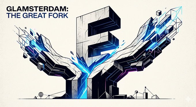 The image features a graphic advertisement that combines two hands, one with wings, against an urban landscape backdrop. The text "Glamsterdam: The Great Fork" is prominently displayed at the top of this striking design. In relation to the image, the words "What Substantive Changes and New Business Models Will Ethereum's Glam Amsterdam Upgrade Bring? The Glam Amsterdam upgrade for Ethereum (expected to launch in the second half of 2026)" indicate that an upcoming update could bring significant changes and new opportunities within the Ethereum space. The combination of urban design elements with tech-related content emphasizes a fusion between creativity and innovation, which is often associated with emerging technologies like Ethereum.