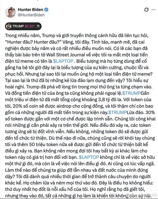 A Vietnamese-language social media post from Hunter Biden (@HunterBiden) discussing the $TRUMP and $LAPTOP meme coins, referencing a 'TRUMP $2.221' token.