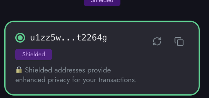A dark interface shows a wallet address beginning with "u1zz5w...t2264g" with a purple "Shielded" badge and text reading "Shielded addresses provide enhanced privacy for your transactions."