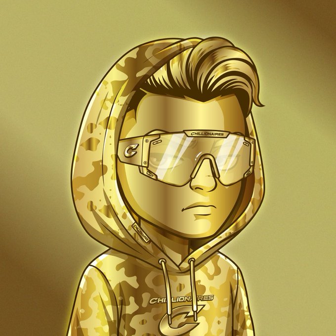 A gold-toned cartoon illustration of a character in a camouflage hoodie wearing futuristic visor sunglasses labeled 'CHILLIONAIRES'.