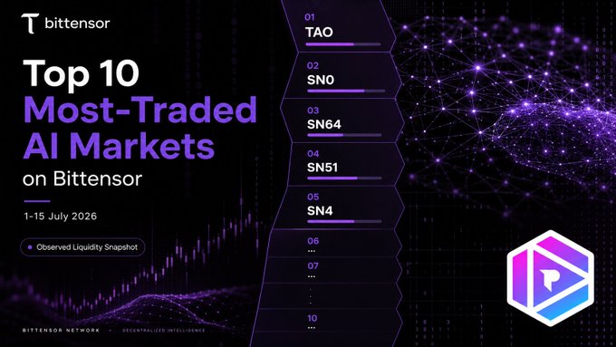 A 'Top 10 Most-Traded AI Markets on Bittensor' infographic dated 1-15 July 2026, listing TAO, SNO, SN64, SN51, SN4 at the top with an 'Observed Liquidity Snapshot' badge.