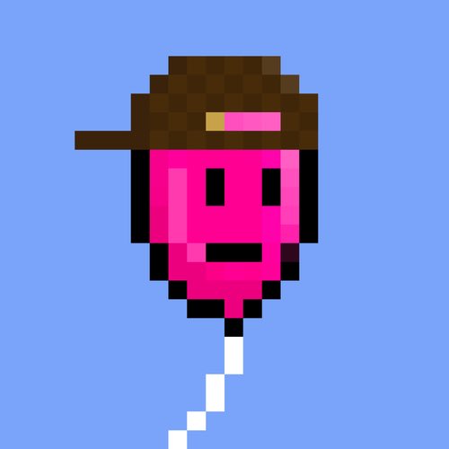 A pixel art illustration of a round, pink balloon-like character with a simple face, wearing a brown checkered hat with a pink and yellow band, floating on a white string against a solid light blue background.