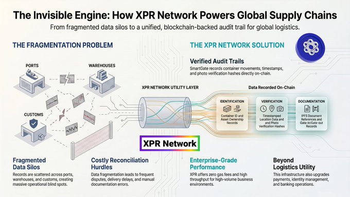 The image shows a diagram of an XPR Network, which is a network used by global supply chains to manage their data. The diagram illustrates the process of how the XPR Network works, with various elements such as ports, warehouses, and customs represented in the diagram. It also highlights the importance of blockchain technology for streamlining logistics operations and ensuring transparency in supply chain management.