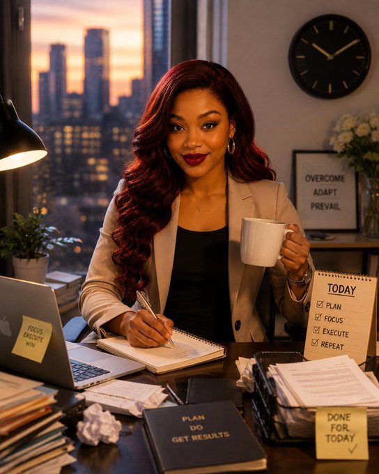 A stylized image of a woman with red hair working at a desk with motivational items including a sign reading 'OVERCOME ADAPT PREVAIL,' a notebook labeled 'TODAY,' and a sticky note saying 'FOCUS EXECUTE WIN.'