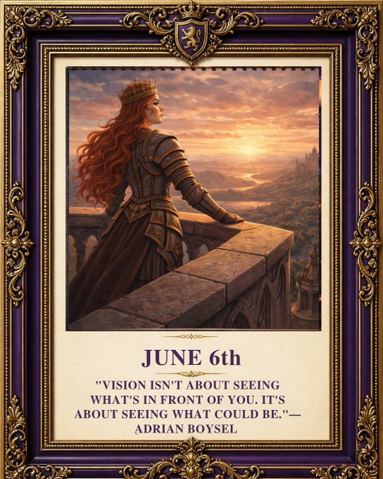 The image features a woman with red hair wearing a crown, standing on top of a stone wall or tower. She appears to be looking out over a landscape, possibly at a castle or palace. The text in the image reads "June 6th" and includes an inspirational quote about seeing what's in front of you.