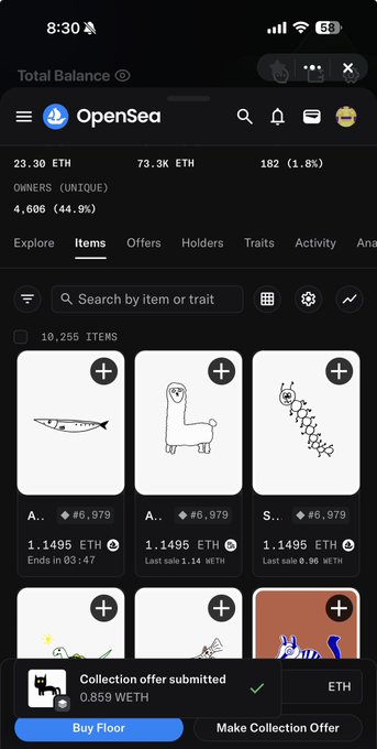 A screenshot of the OpenSea app showing a collection offer submitted at 0.859 WETH, displaying NFT items including simple line drawings priced at 1.1495 ETH, with a total balance of 73.3K ETH.