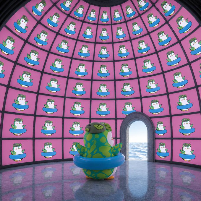 The image features a cartoon penguin sitting inside an indoor room, surrounded by numerous other cartoon penguins of various sizes and colors. The room has pink walls that match the color of the penguin's swimsuit, which is blue with green spots. A large window in the background allows natural light to enter the space, creating a bright and cheerful atmosphere.

The post about Lil Pudgy being "now they own my timeline" suggests that this image was taken recently or has been shared on social media platforms. The penguin sitting alone in the room with other cartoon penguins creates an interesting contrast between the solitary figure of the penguin and the lively group surrounding it, which could be interpreted as a commentary on the popularity of Lil Pudgy's content.