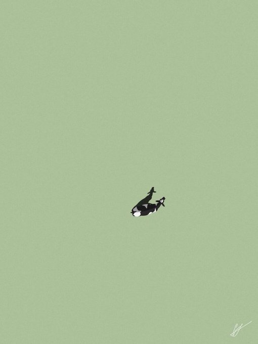 A minimalist digital drawing depicts a small, silhouetted figure floating or falling against a solid, muted green background, with a signature in the bottom right corner.