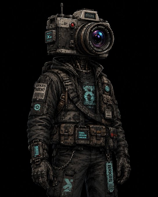 Digital artwork of a tactical figure wearing a camera for a head labeled "BRKRS AGENT", clad in dark military gear with patches and a digital display on the chest.