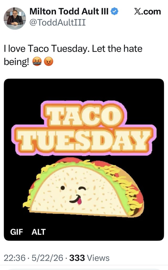 The image features a cartoon depiction of a taco with a smiley face, surrounded by various toppings such as cheese, lettuce, and tomatoes. The caption below the image reads "Taco Tuesday" and includes a gif link for the post.