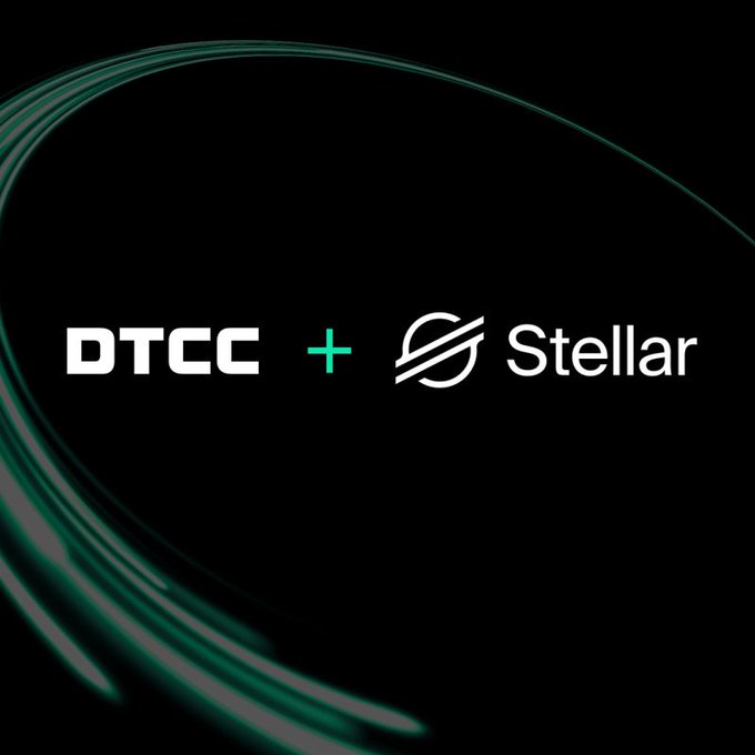 The image features a black background with a green line that reads "DTCC + Stellar". Below the line, there are two white text boxes containing the words "DTCC" and "Stellar", both written in white capital letters. The overall layout of the image suggests it is part of a larger post or article related to cryptocurrency or blockchain technology.