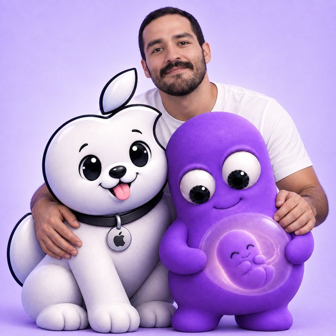 A smiling man poses with two cute mascot-style plush figures—a white dog with an Apple logo collar and a purple character holding a baby—against a lavender background.