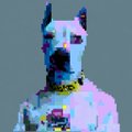 A low-resolution pixelated image of what appears to be a dog or canine character against a gray background.