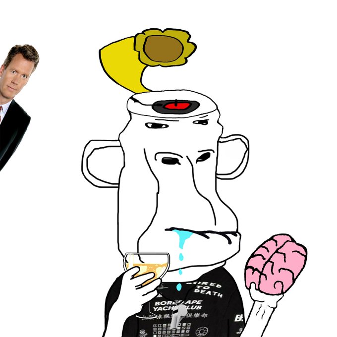 A cartoonish white ape-like figure with a yellow flower on its head, drooling blue liquid while holding a drink and a pink brain, wearing a 'BORN TO RAPE YACHT CLUB' shirt, with a photograph of a man in a suit in the upper left corner.