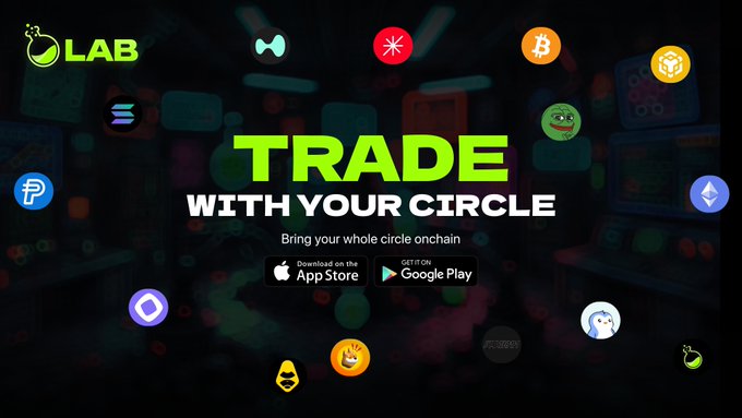 A promotional banner for the "LAB" app featuring the tagline "TRADE WITH YOUR CIRCLE - Bring your whole circle onchain," with App Store and Google Play download buttons, surrounded by colorful cryptocurrency icons including Bitcoin and Ethereum. The image visually reinforces the post's message about LAB being the "social layer of trading," showcasing a vibrant, community-focused crypto trading platform.