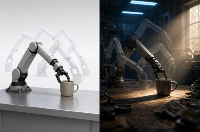 A side-by-side comparison of a robotic arm picking up a mug in two different settings: a clean white minimalist environment on the left and a dark, atmospheric workshop on the right.