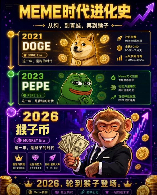 A Chinese-language infographic titled 'MEME时代进化史' (Evolution of the Meme Era) illustrating the transition from DOGE in 2021 and PEPE in 2023 to Monkey Coin in 2026, featuring illustrations of each character and an upward trend arrow.