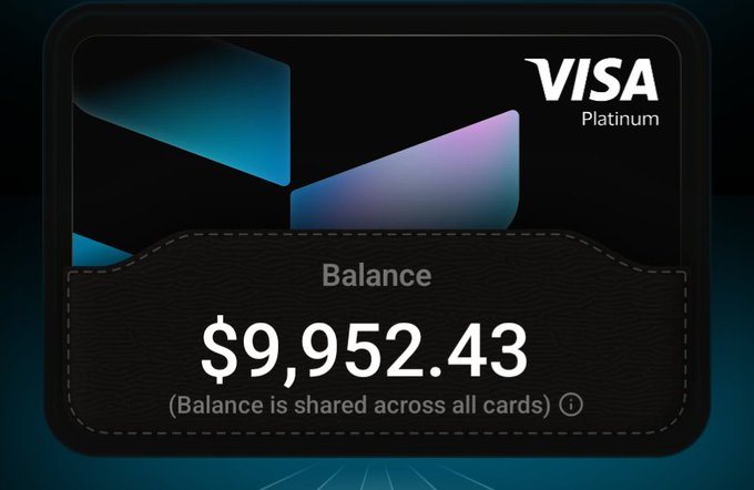 The image features a black Visa Platinum balance card with the balance of $9,552.34 displayed at the top left corner. The text "Balance" indicates that the amount shared across all cards will be covered by this transaction. There are three people in the image - two on the left side and one on the right side. It is unclear if they are involved in an event or activity related to the card, but it does seem like something interesting has happened involving the balance of $9,552.34. The card appears to be a Visa Platinum credit card and is being used for baby expenses in Singapore.