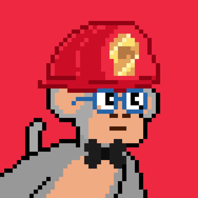 Pixel art of a character wearing a red fireman's hat, blue-rimmed glasses, and a black bow tie on a red background.