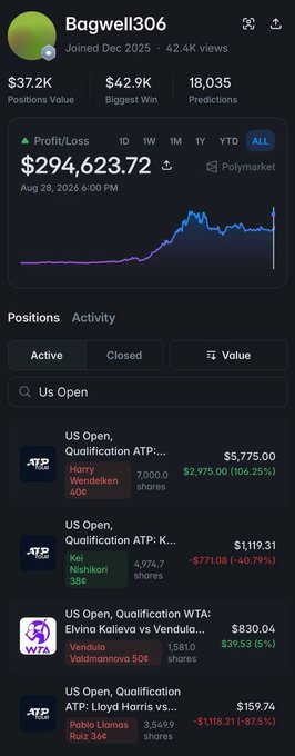 Screenshot of a Polymarket profile for user 'Bagwell306' showing $294,623.72 profit/loss with active positions on US Open tennis matches including Hurry Werenskiem, Kei Nishikori, Elina Kalieva, and Pedro Llamas.