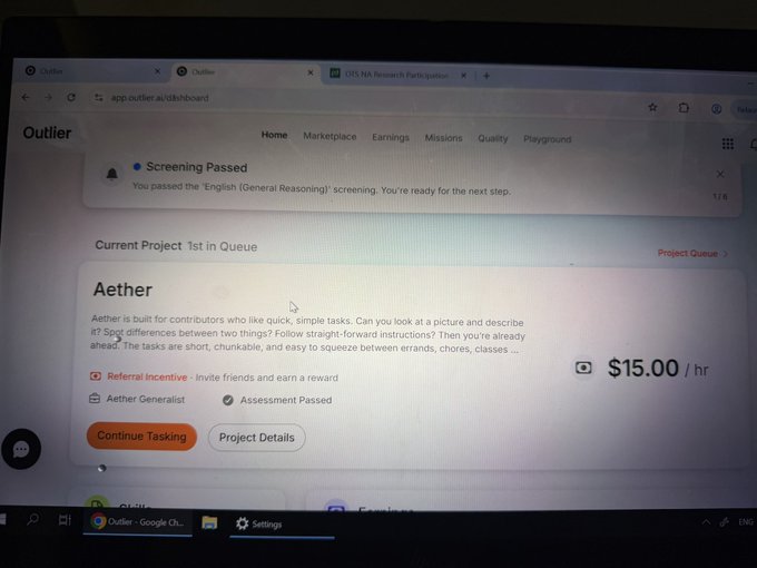 The image shows a laptop screen displaying the Outlier platform dashboard with an "Aether" project card showing "$15.00/hr," an "Aether Generalist" badge, and an "Assessment Passed" status. The "Screening Passed" notification at the top confirms the user passed the English (General Reasoning) screening, supporting the post's claim about successfully completing the Aether Quality screener.