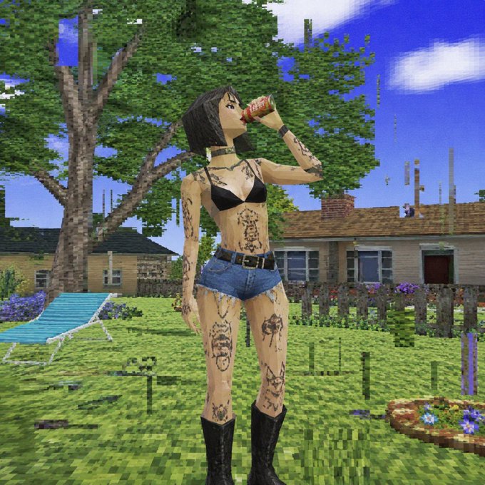 A pixelated, low-resolution 3D rendering of a tattooed woman in a black bikini top, denim shorts, and black boots drinking from a can in a grassy yard.