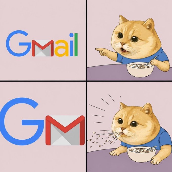 A four-panel meme featuring a cartoon cat pointing at the Gmail logo, then spitting it out when the logo changes to reveal 'GM' and a Gmail icon, illustrating disappointment with Gmail's rebranding.