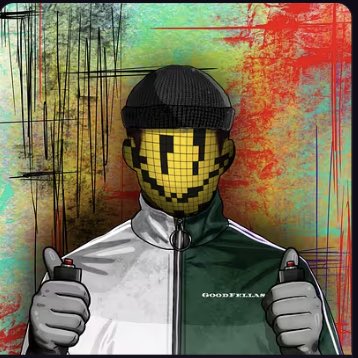 An artistic portrait of a person wearing a backwards cap and a green and white jacket with 'GOODFEELAB' text, their face obscured by a yellow smiley face with X eyes and a grid pattern.