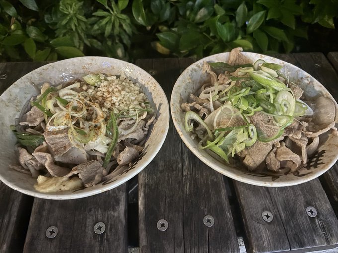 Two rustic ceramic bowls of meat soba noodles topped with scallions and other ingredients rest on a wooden table, matching the post's reference to a long-awaited, delicious meat soba meal enjoyed at the "Nanten" (南天) restaurant after a 3-hour walk.