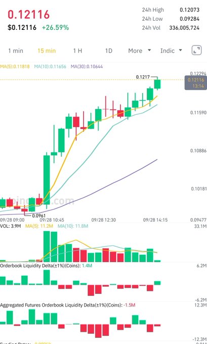 A cryptocurrency trading chart on CoinMarketCap-style platform showing a 26.59% increase to $0.12116, with a 24h high of $0.12073, 24h low of $0.09284, and 24h volume of 336,005,724.