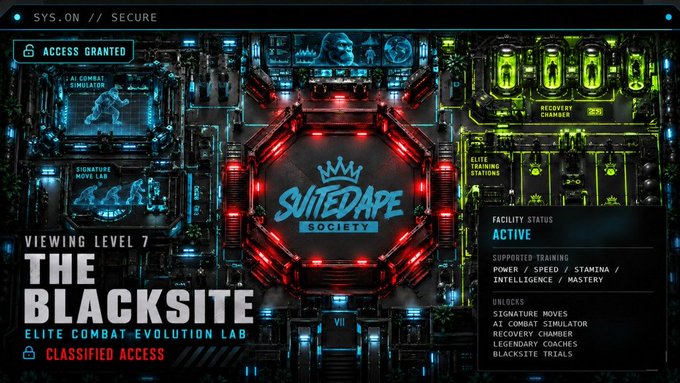 A stylized sci-fi/cyberpunk graphic for 'SUITEDAPE SOCIETY' titled 'THE BLACKSITE - ELITE COMBAT EVOLUTION LAB' with 'CLASSIFIED ACCESS', showing 'VIEWING LEVEL 7', 'AI COMBAT SIMULATOR', 'SIGNATURE MOVES', 'RECOVERY CHAMBER', and active facility status details.