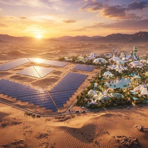 A futuristic eco-city called "Binance City" rises from the desert, featuring sprawling solar panel arrays beside domed structures, lush gardens, and waterways under a glowing sunset. The image visually embodies the post's reverent, poetic tribute to Binance City as a transcendent vision of community and innovation.