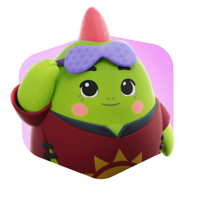 A 3D rendering of a green cartoon character with a pink horn, wearing a purple sleeping mask pushed up on its head and a red outfit, appearing to be from Pudgy Penguins.