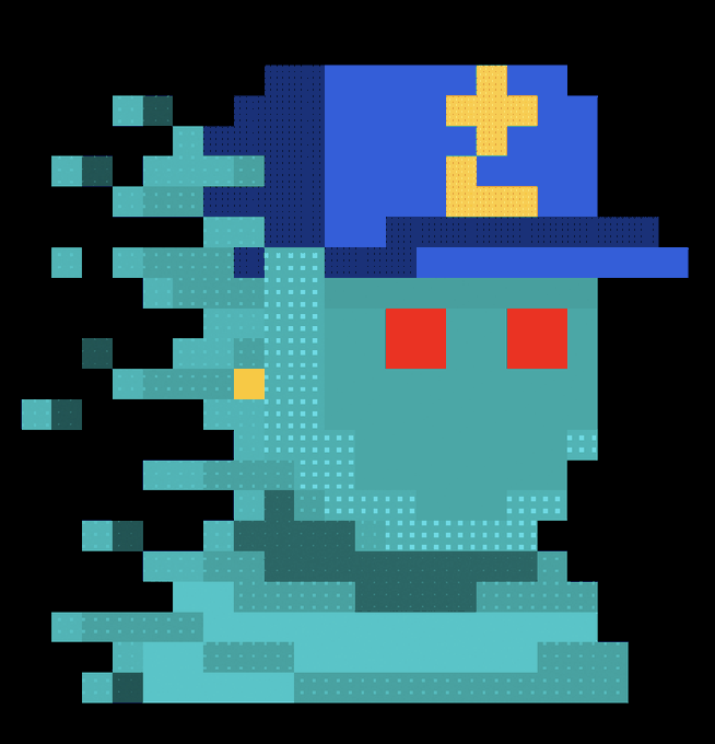 A pixel art illustration of a ghostly figure wearing a blue cap with a yellow 'C' logo, set against a black background.