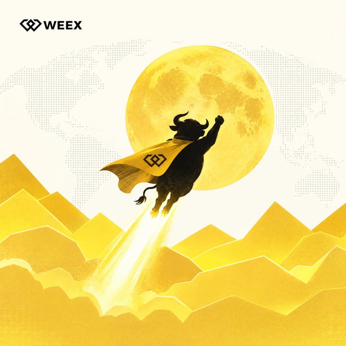 A WEEX promotional graphic featuring a black silhouette of a bull wearing a yellow cape with the WEEX logo, launching into a yellow moon over stylized mountain ranges.