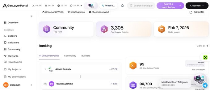 A GenLayer Portal dashboard for user 'ChapmanOfWeb3' showing Community rank, 3,305 GenLayer Points, date joined Feb 7, 2026, and a Ranking list featuring Alexei Denisov with 27.7K and Prethagonist with 3.2K.