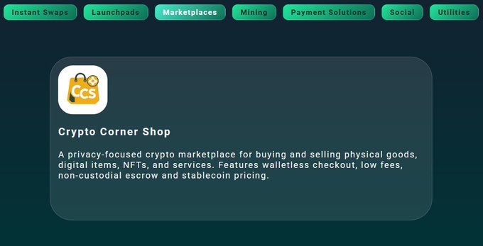 A screenshot of the Pump ecosystem website showing a 'Marketplaces' tab and a listing for 'Crypto Corner Shop' (CCS), described as a privacy-focused crypto marketplace for physical goods, digital items, NFTs, and services.