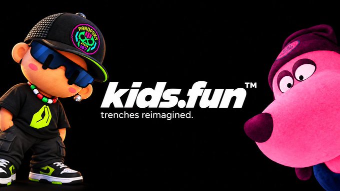Promotional graphic for kids.fun with the tagline 'trenches reimagined,' featuring a cartoon character in sunglasses and a 'Panorama Crypto' cap on the left and a pink character on the right.
